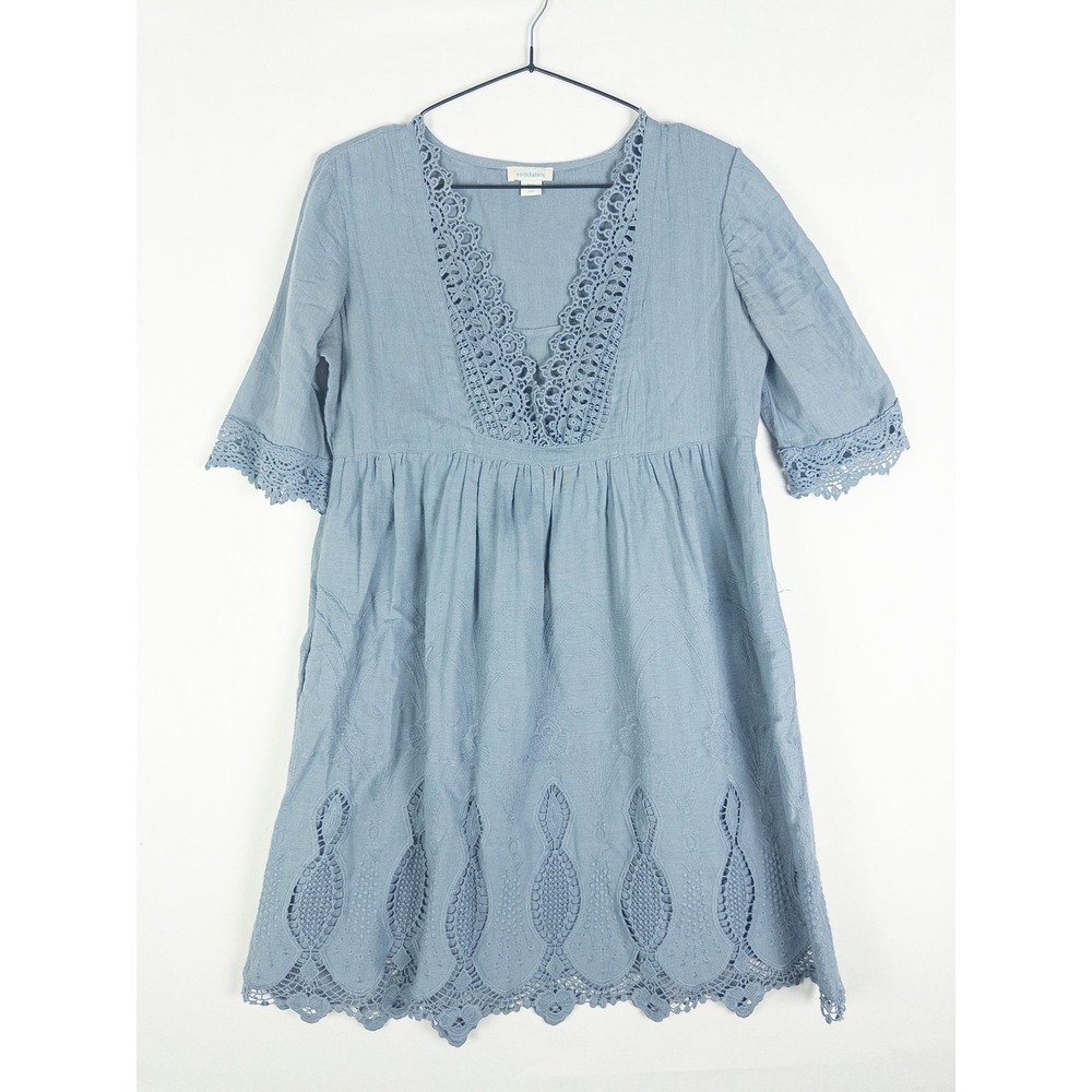 Sundance Crochet Lace Trim Babydoll‎ Mini Dress Womens PXS Blue Boho Cottagecore